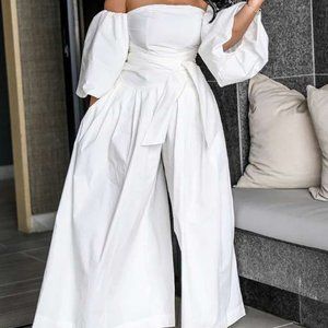 White Off Shoulder Lantern Sleeve WideLeg Jumpsuit